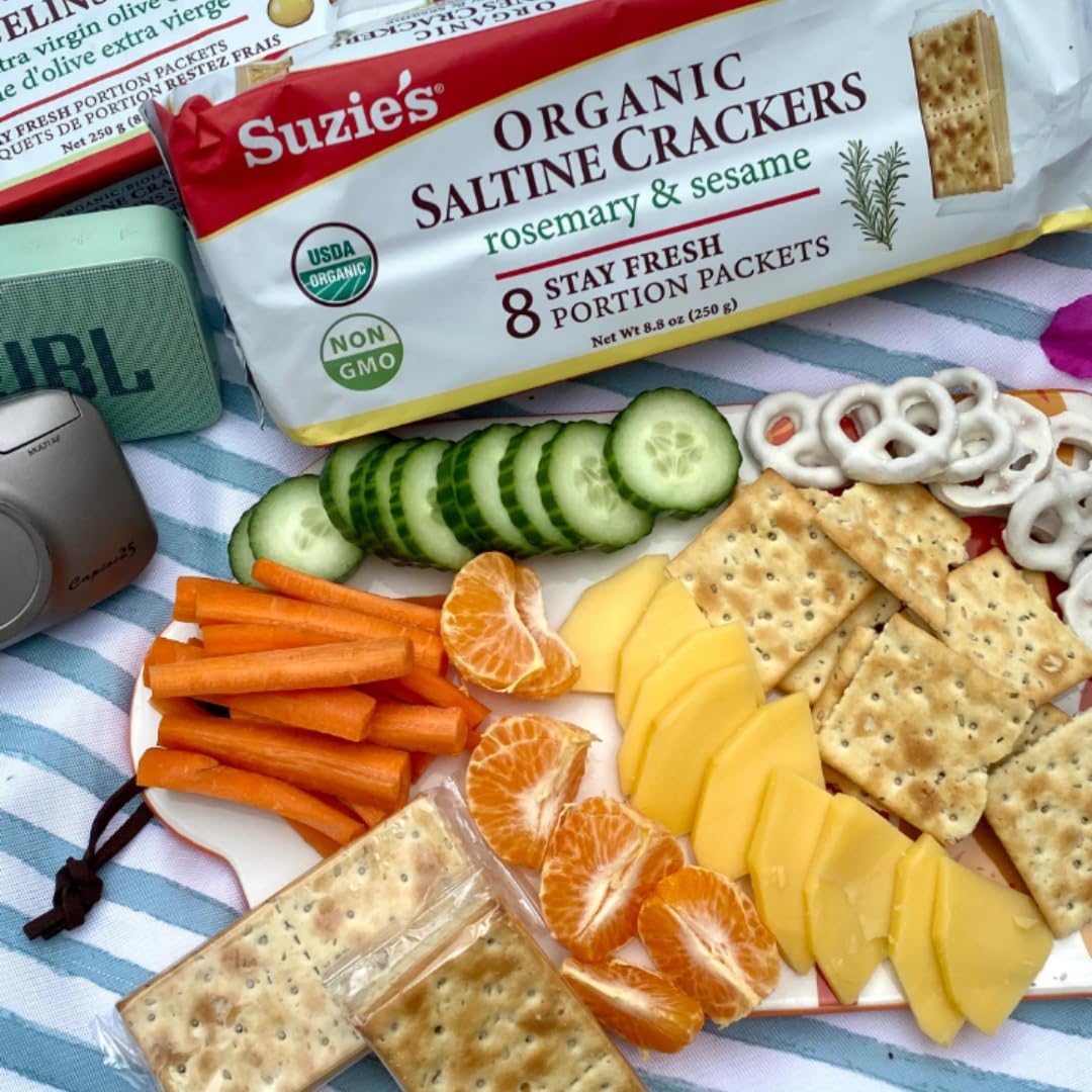 Suzie's Organic Saltines Crackers – Extra Virgin Olive Oil, Low Saturated Fat, Vegan Snack | 6-Pack 8.8oz