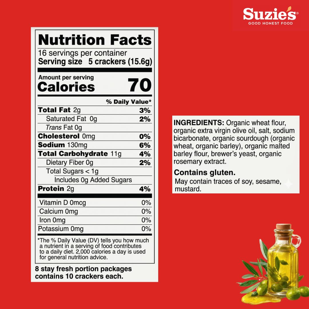 Suzie's Organic Saltines Crackers – Extra Virgin Olive Oil, Low Saturated Fat, Vegan Snack | 6-Pack 8.8oz