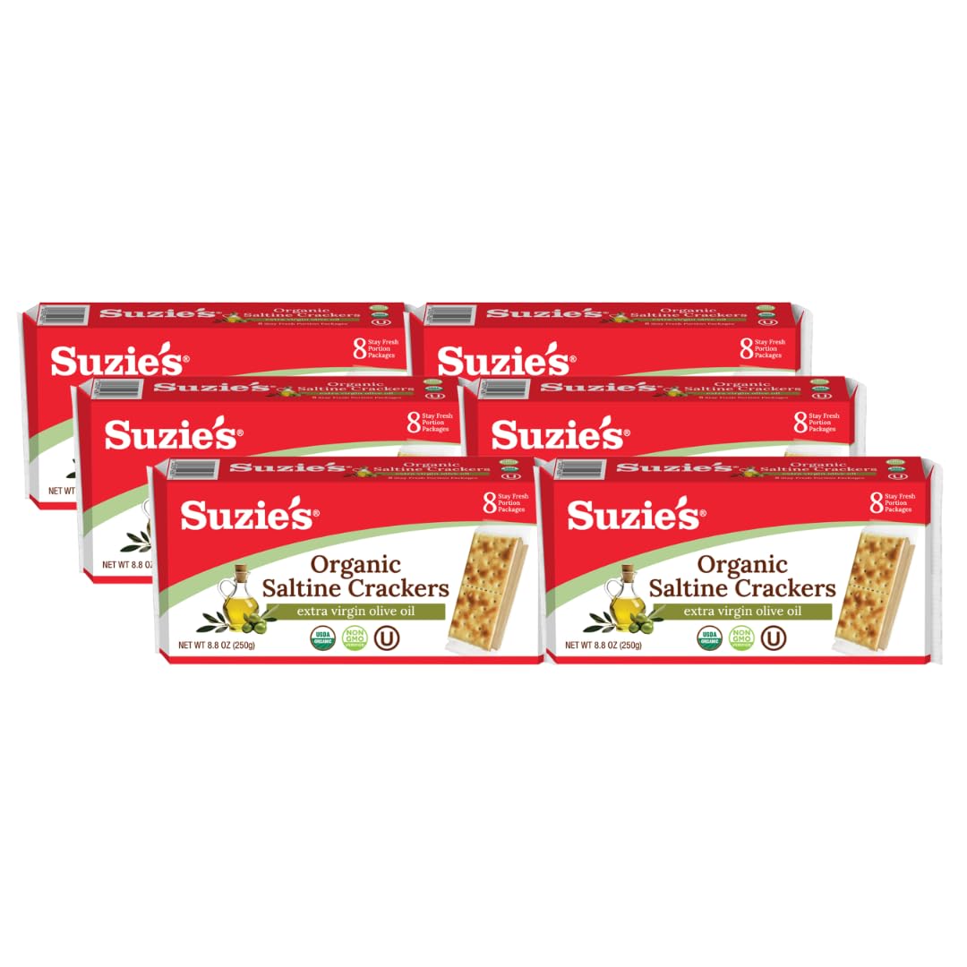 Suzie's Organic Saltines Crackers – Extra Virgin Olive Oil, Low Saturated Fat, Vegan Snack | 6-Pack 8.8oz