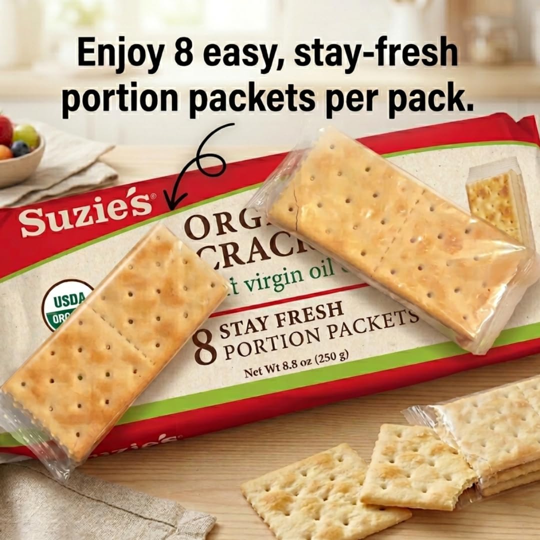 Suzie's Organic Saltines Crackers – Extra Virgin Olive Oil, Low Saturated Fat, Vegan Snack | 6-Pack 8.8oz