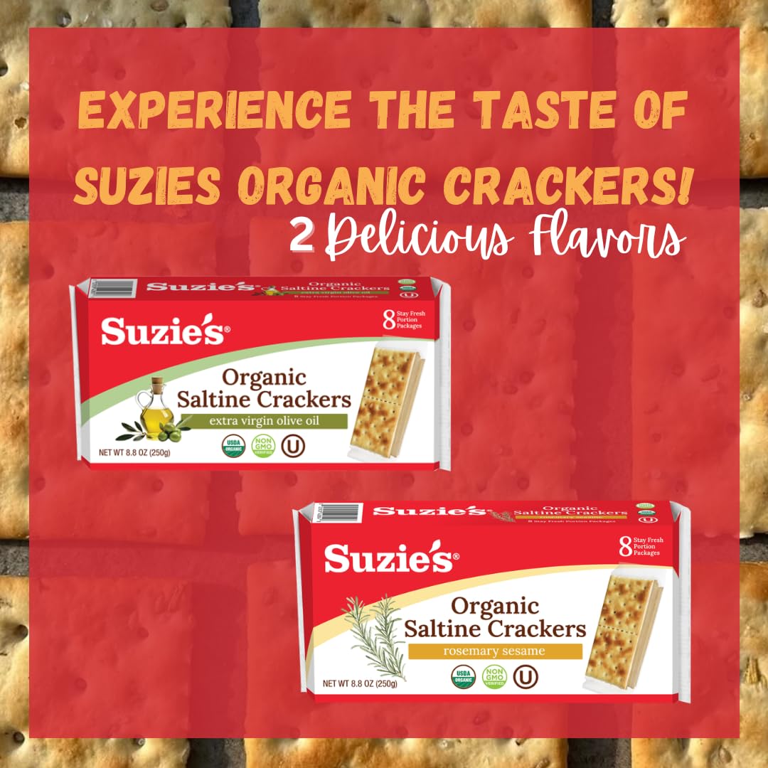 Suzie's Organic Saltines Crackers – Extra Virgin Olive Oil, Low Saturated Fat, Vegan Snack | 6-Pack 8.8oz