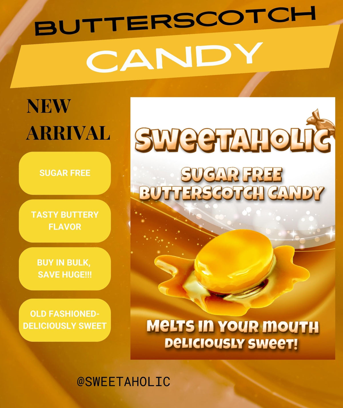 Sweetaholic Sugar Free Butterscotch — 6 lb Bulk Hard Candy (Individually Wrapped) | Zero Sugar