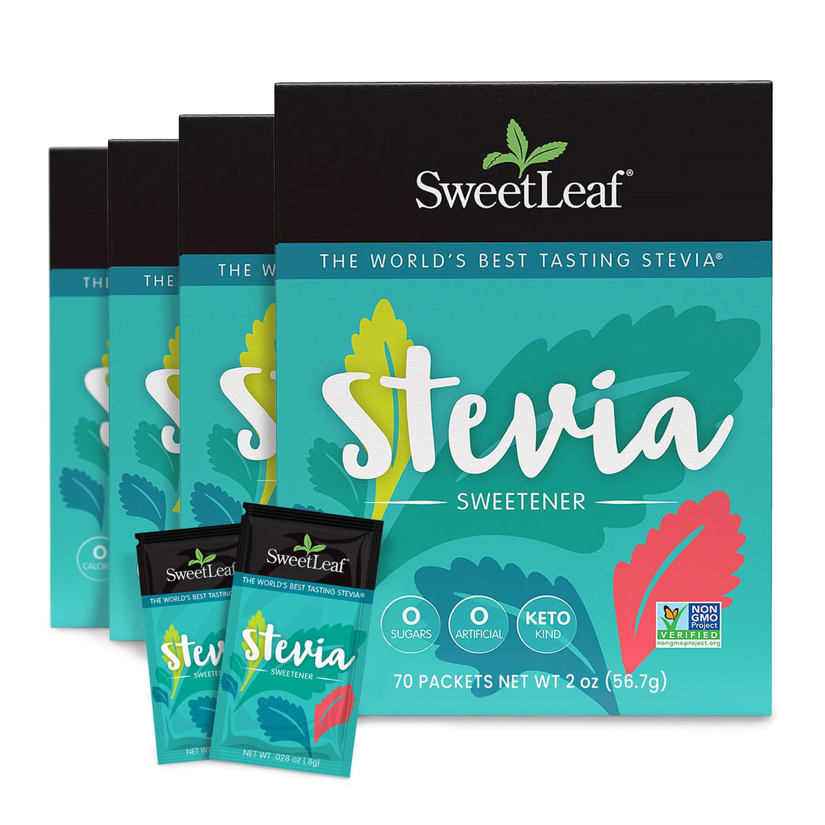 SweetLeaf Stevia Packets – Zero Calorie Sweetener with Stevia Extract, Keto Friendly, Non-GMO, Gluten Free, 70 Packets (Pack of 4)