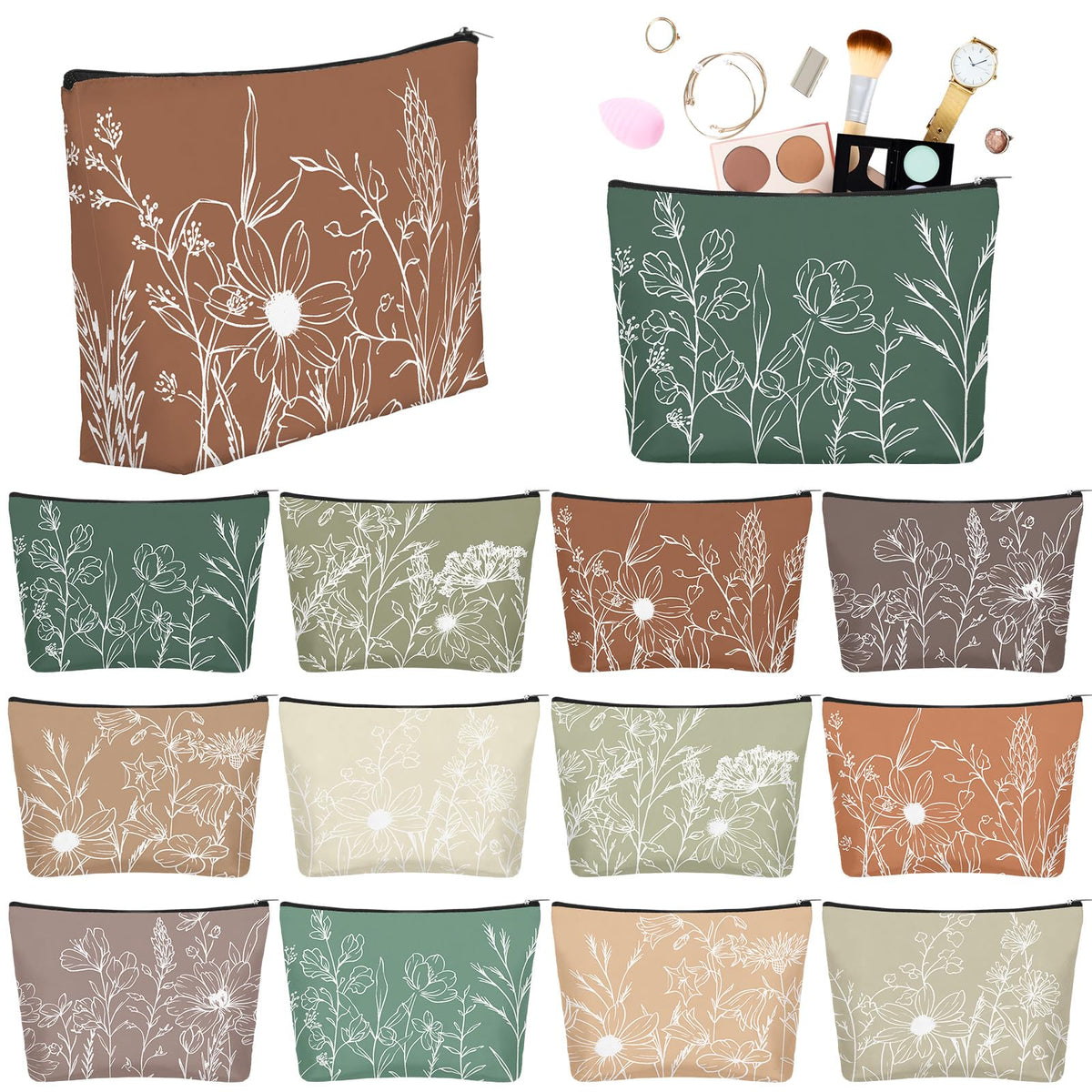Sweetude 12 Pcs Boho Line Flowers Makeup Bags Bulk Cosmetic Pouch for Women