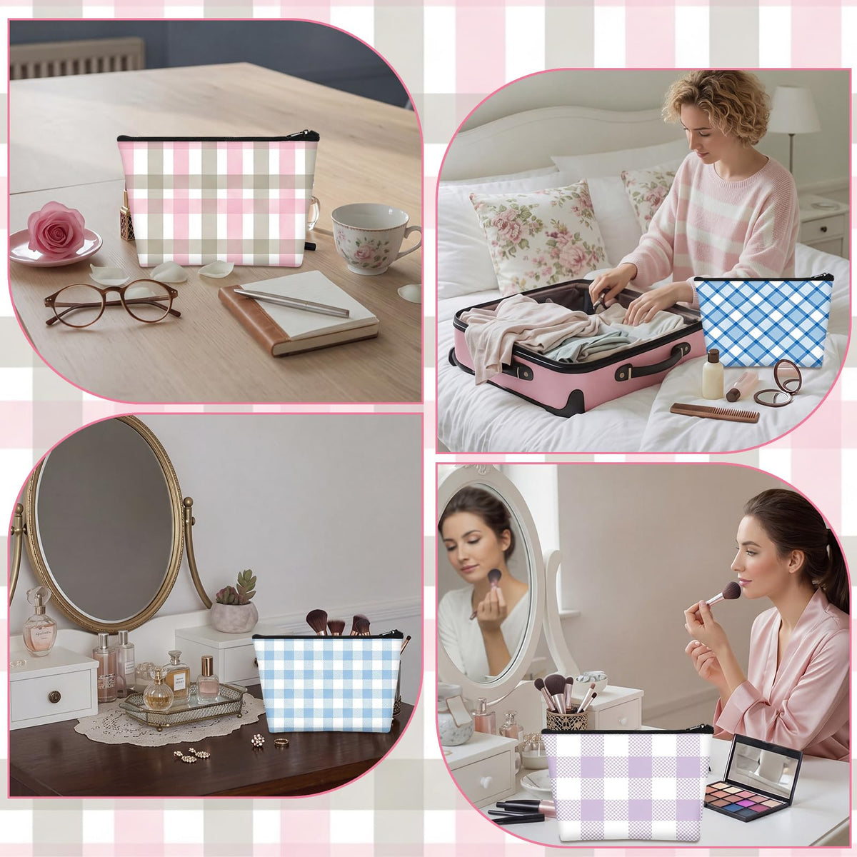 Sweetude 12 Pcs Pastel Plaid Makeup Bag Bulk Buffalo Plaid Portable Travel Cosmetic Bag with Zipper Preppy Checkered Waterproof Roomy Travel Toiletry Organizer Storage Beauty Pouch for Women Gifts