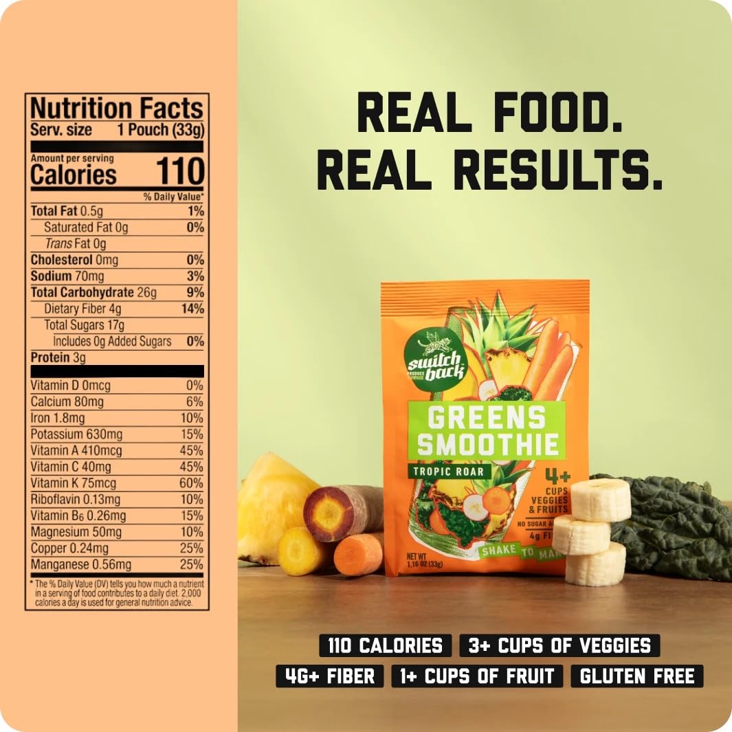 Switchback Whole Food Greens Smoothie Powder Mix (7-Pack) | No Algae Taste, No Added Sugar, Clump-Free On-The-Go Packets