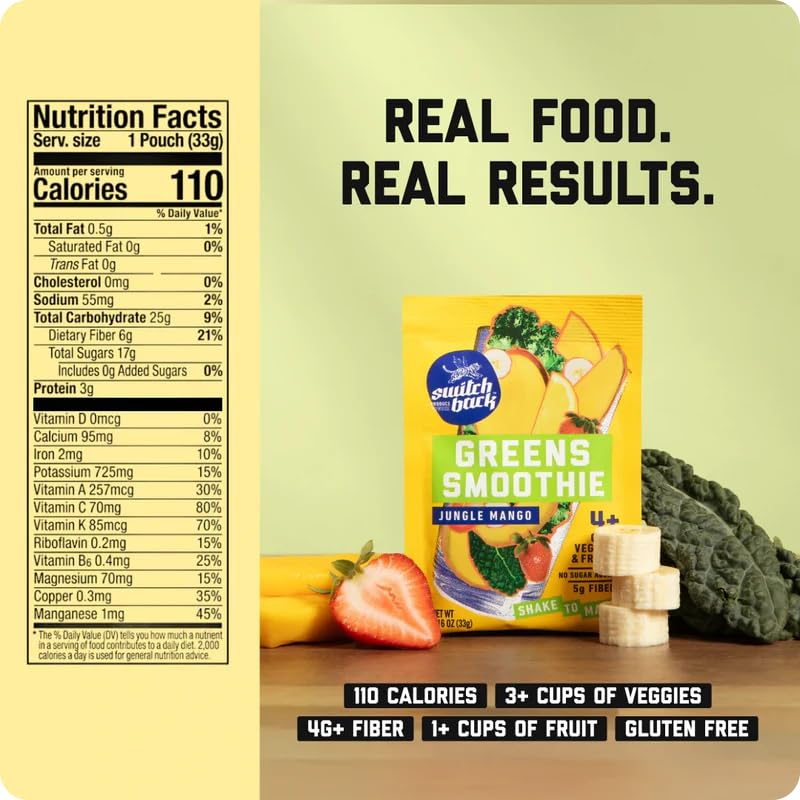 Switchback Whole Food Greens Smoothie Powder Mix (7-Pack) | No Algae Taste, No Added Sugar, Clump-Free On-The-Go Packets