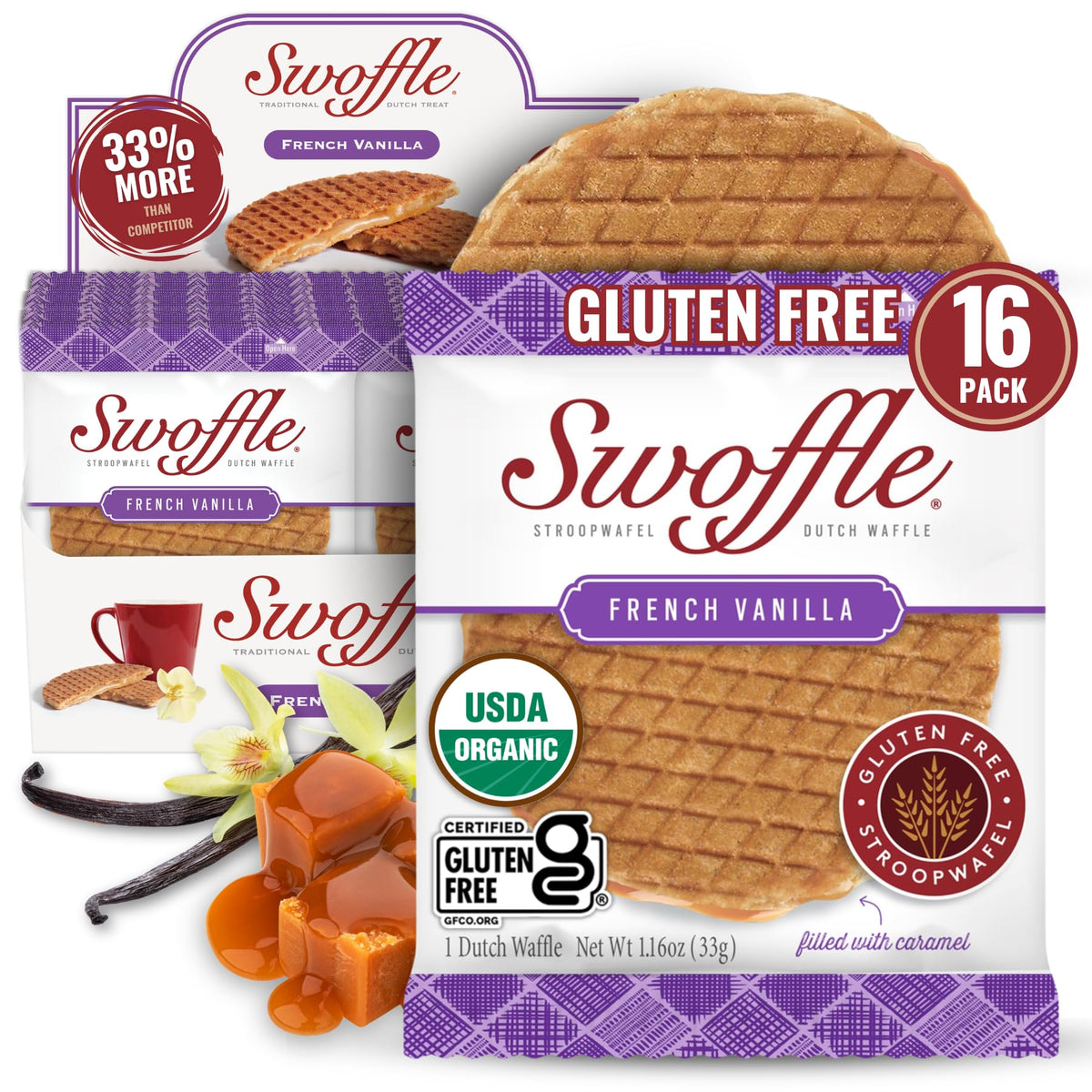 Swoffle Gluten Free Organic Stroopwafels – French Vanilla, 16 Wafers
