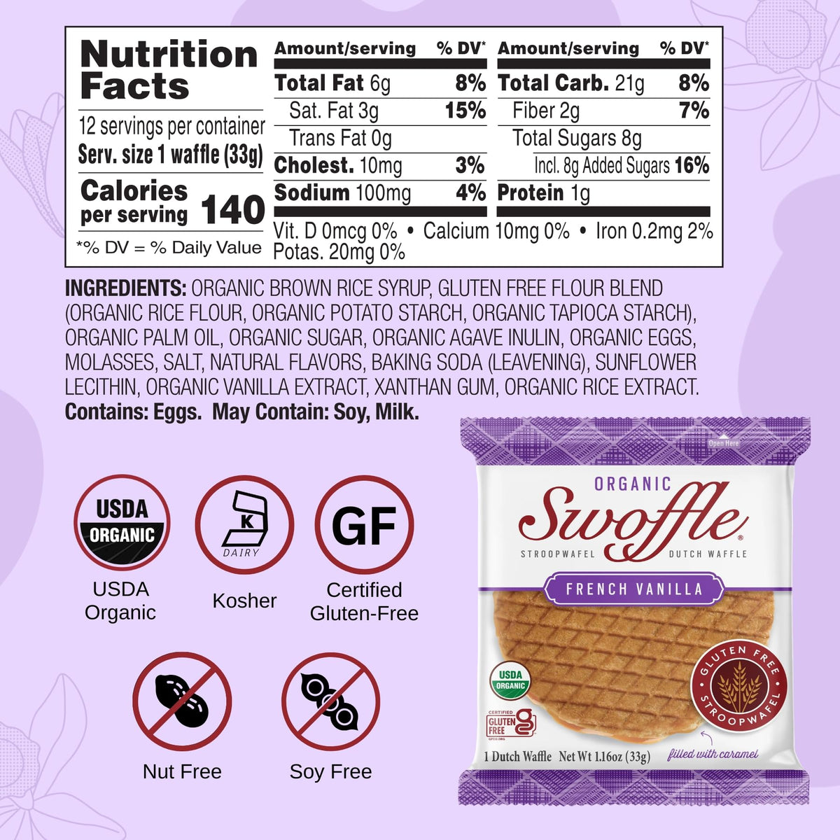 Swoffle Gluten Free Organic Stroopwafels – French Vanilla, 16 Wafers