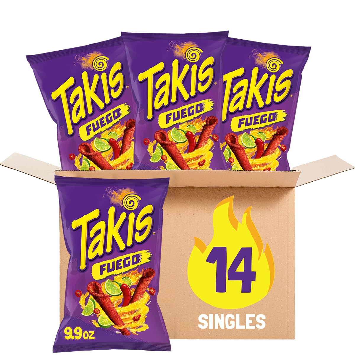 Takis Fuego Rolled Spicy Tortilla Chips – Hot Chili Pepper Lime, 14-Pack (9.9 oz each)