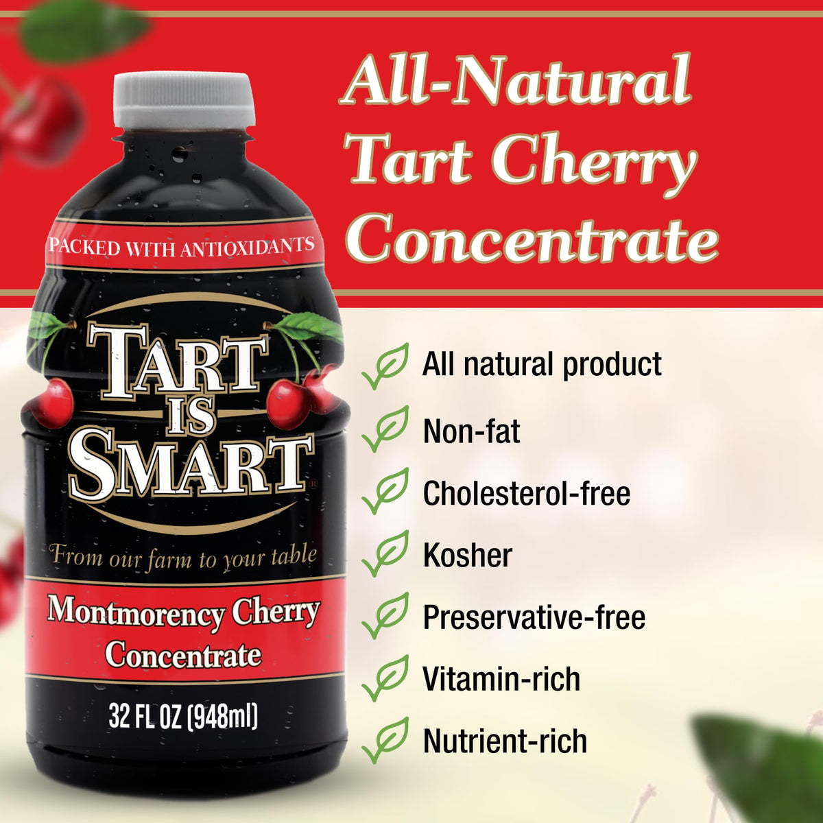 Tart is Smart Montmorency Tart Cherry Juice Concentrate – No Added Sugar, 32 oz Bottle (Yields Up to 2 Gallons)
