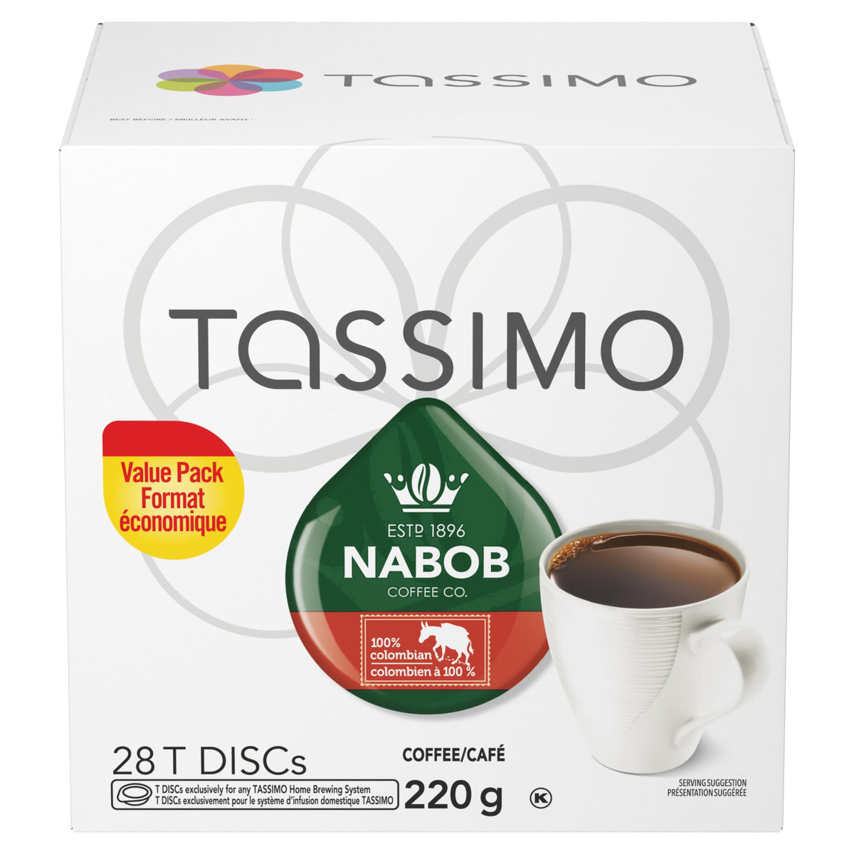 Tassimo Nabob 100% Colombian Coffee T-Discs - 28-Count, Imported from Canada