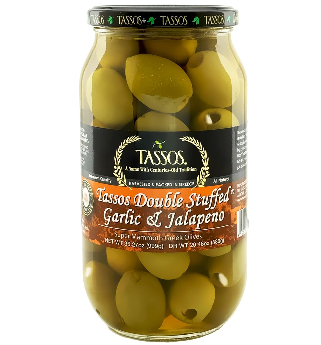 Tassos All Natural Double Stuffed Garlic & Jalapeño Olives – 2 Pack (2 x 35.27 oz)
