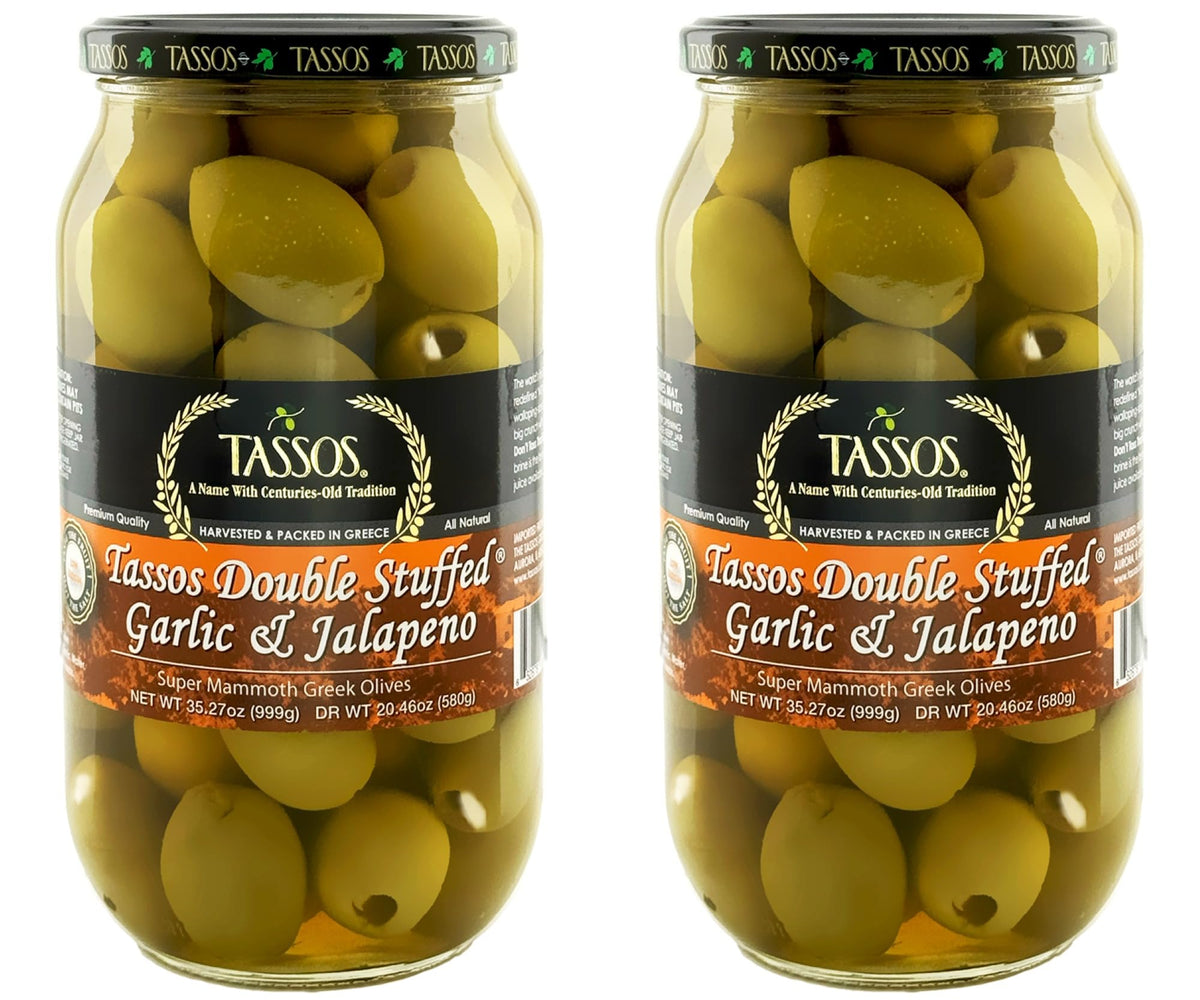 Tassos All Natural Double Stuffed Garlic & Jalapeño Olives – 2 Pack (2 x 35.27 oz)