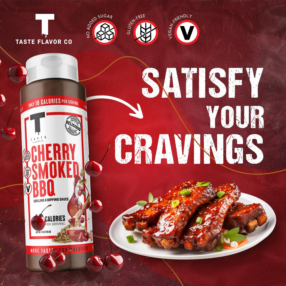 Taste Flavor Co. Cherry Smoked BBQ Sauce - 3 Pack, Low-Calorie, Keto-Friendly, No Oils