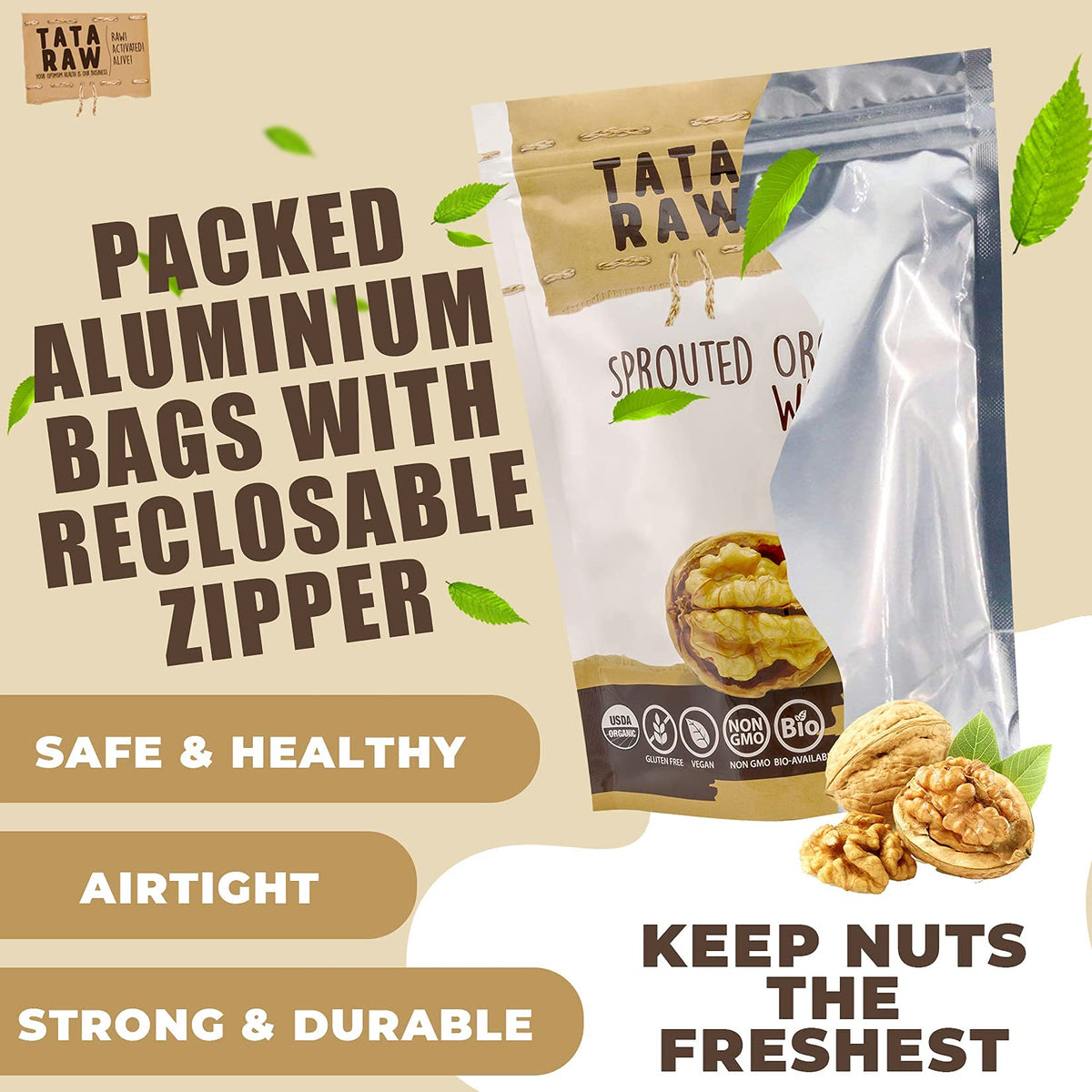 TATA RAW Sprouted Organic Walnuts – Plain, Nothing Added | Soaked & Air-Dried 1 lb