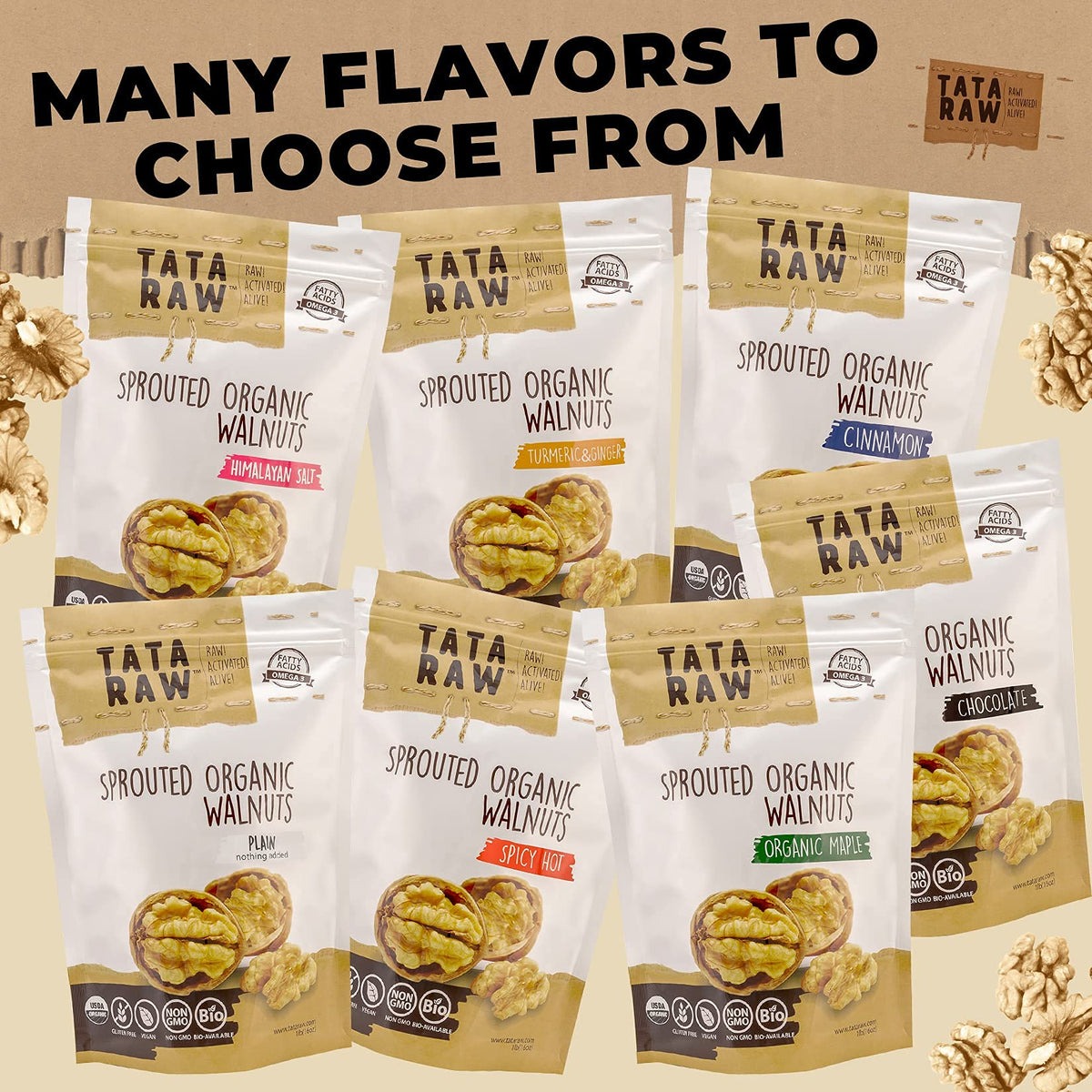 TATA RAW Sprouted Organic Walnuts – Plain, Nothing Added | Soaked & Air-Dried 1 lb