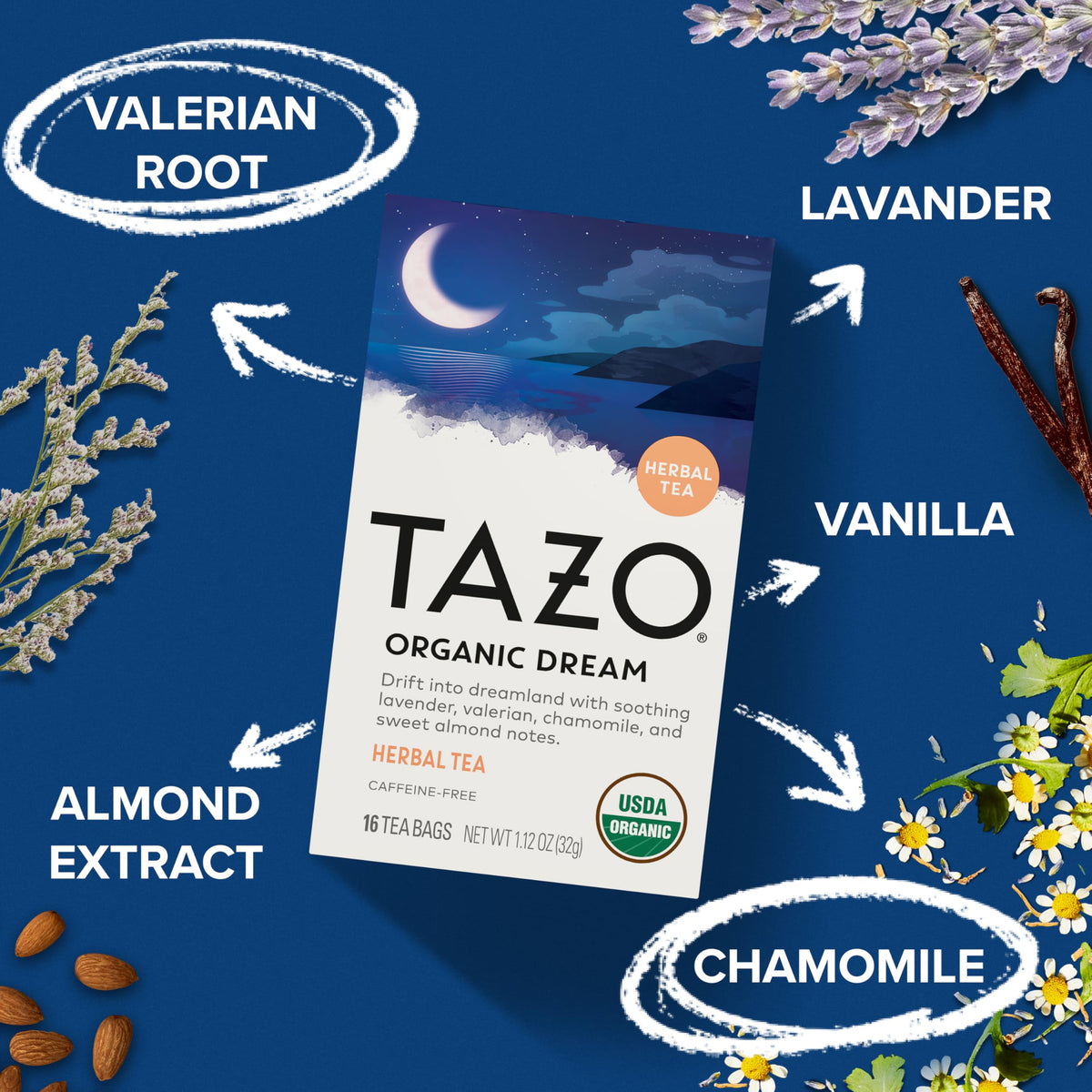 TAZO Organic DREAM Herbal Tea Bags – Caffeine-Free Bedtime Tea with Chamomile, Lavender & Valerian (96 Bags, 6x16)