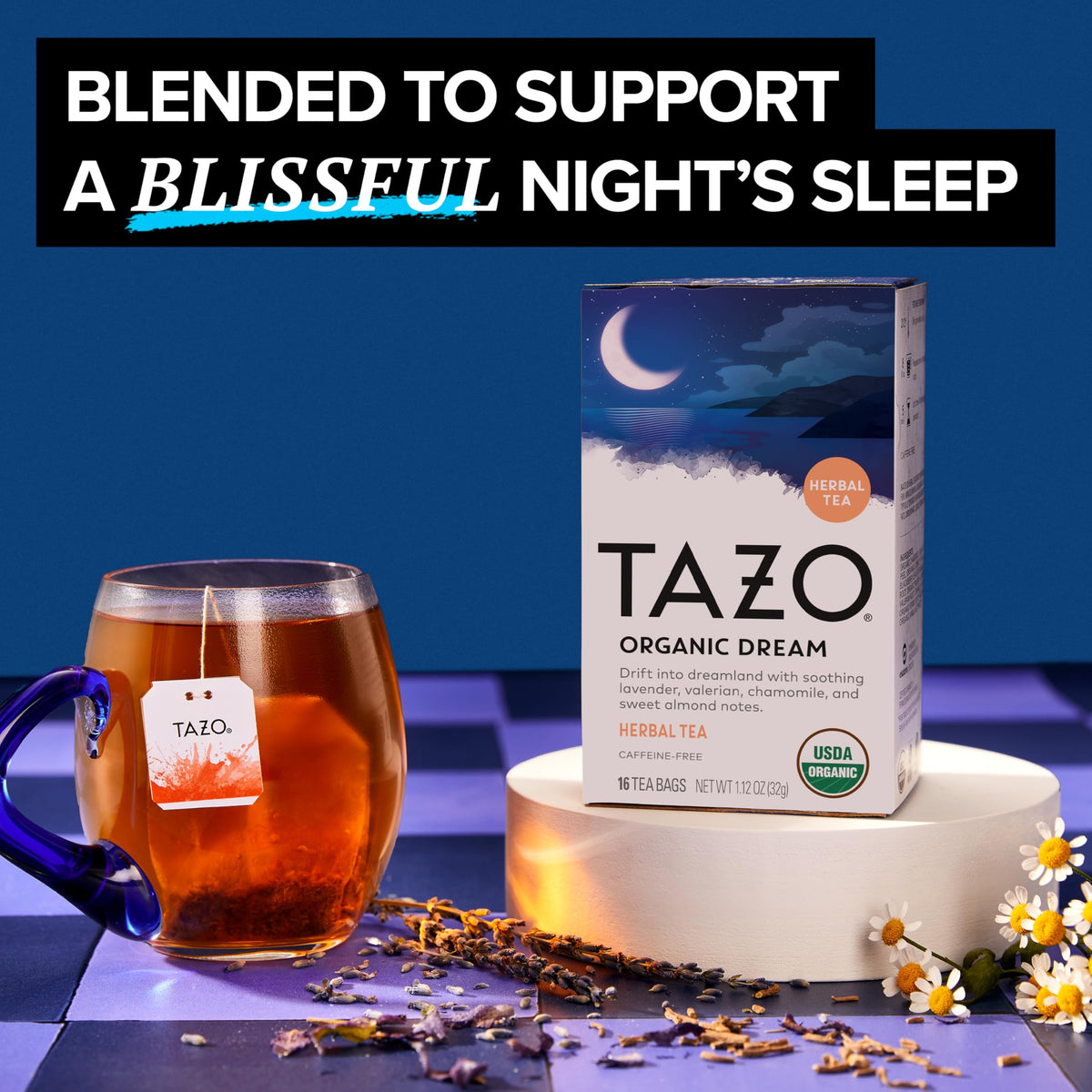 TAZO Organic DREAM Herbal Tea Bags – Caffeine-Free Bedtime Tea with Chamomile, Lavender & Valerian (96 Bags, 6x16)
