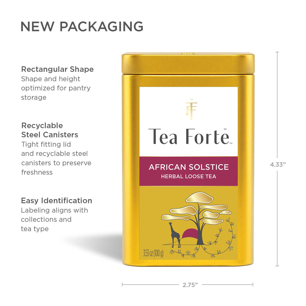 Tea Forte African Solstice: Premium Caffeine-Free Rooibos Herbal Tea Canister (35-50 Cups)