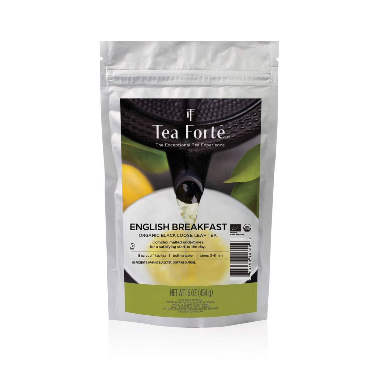 Tea Forte Premium Loose Leaf English Breakfast Tea — 1 lb Resealable Bag (160–175 Cups)
