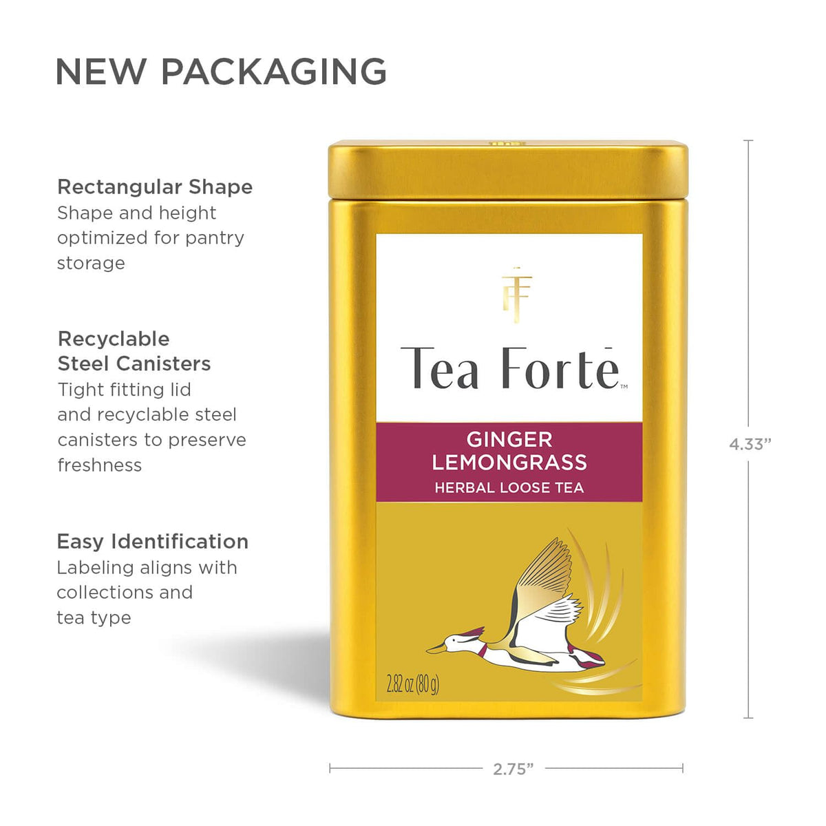 Tea Forte Ginger Lemongrass Premium Loose Leaf Tea Canister – Caffeine-Free, 35-50 Cups