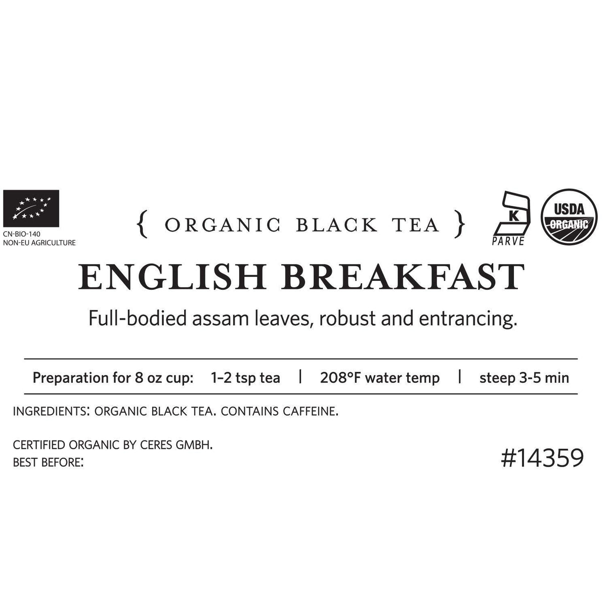 Tea Forte Premium Loose Leaf English Breakfast Tea — 1 lb Resealable Bag (160–175 Cups)