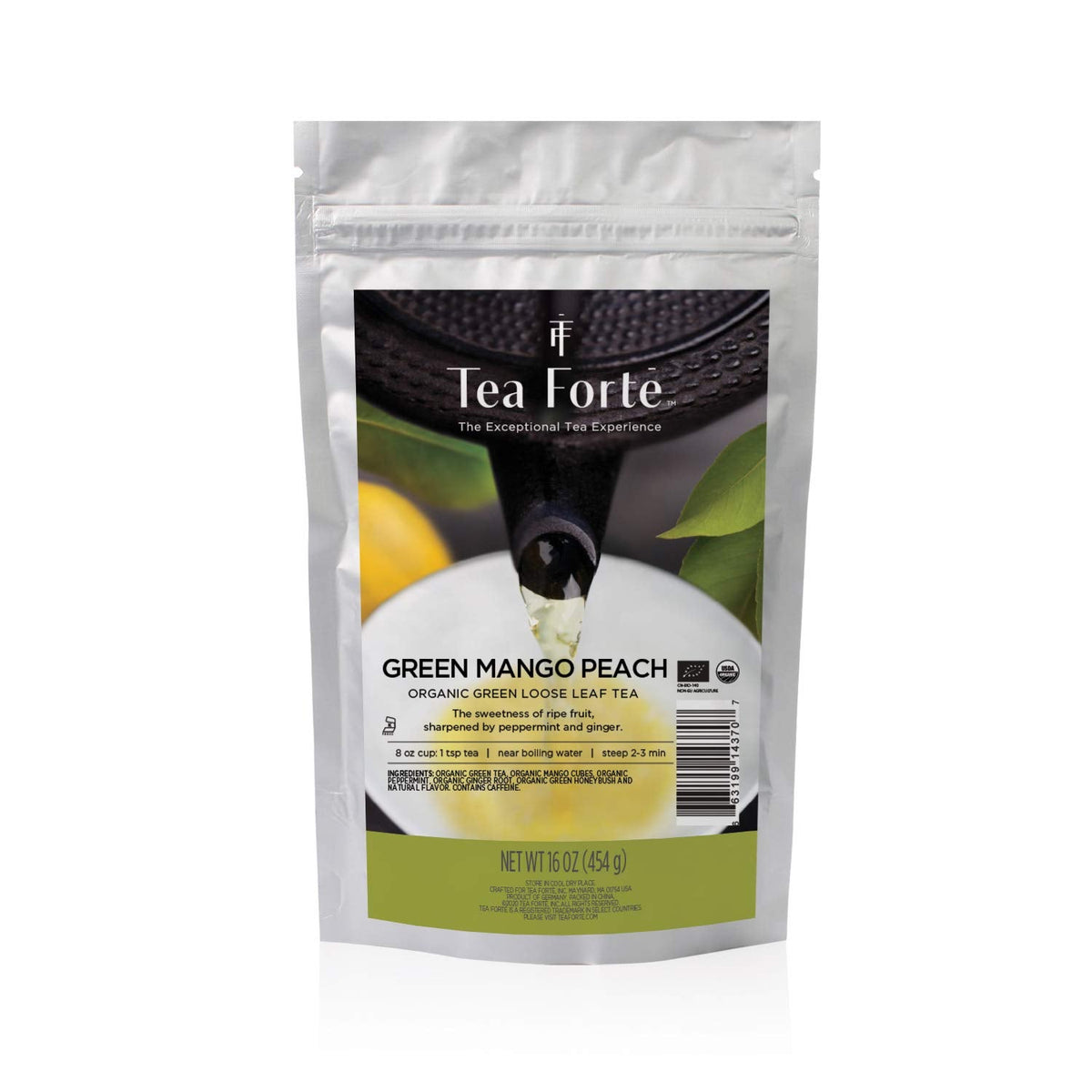 Tea Forte Premium Green Mango Peach Loose Leaf Tea – 1lb (Makes 160–175 Cups)