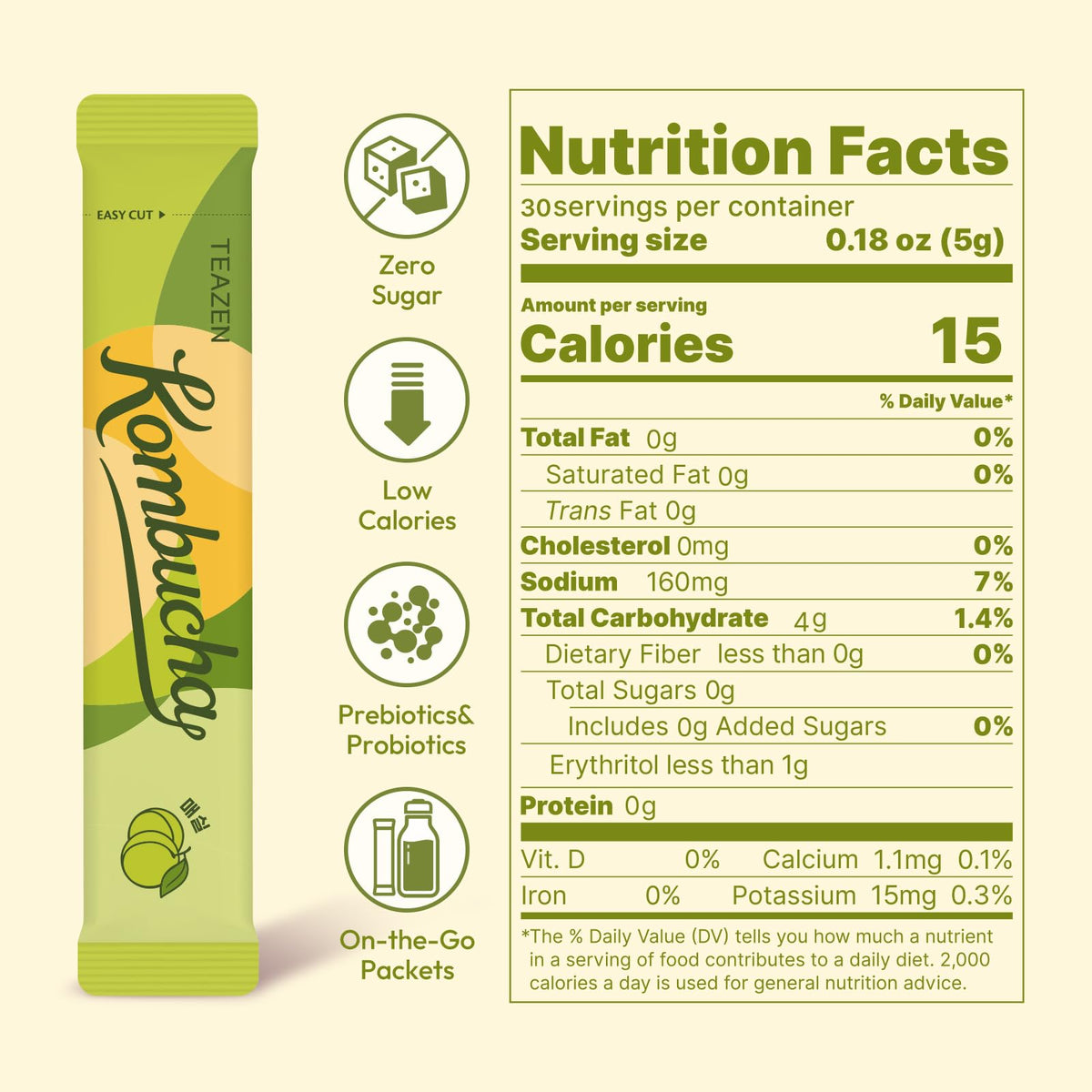 TEAZEN Korean Plum Kombucha Tea — Electrolyte & Hydration Drink Mix, Sugar-Free, Probiotics + Prebiotics, On-The-Go 30 Packets (5.29oz)