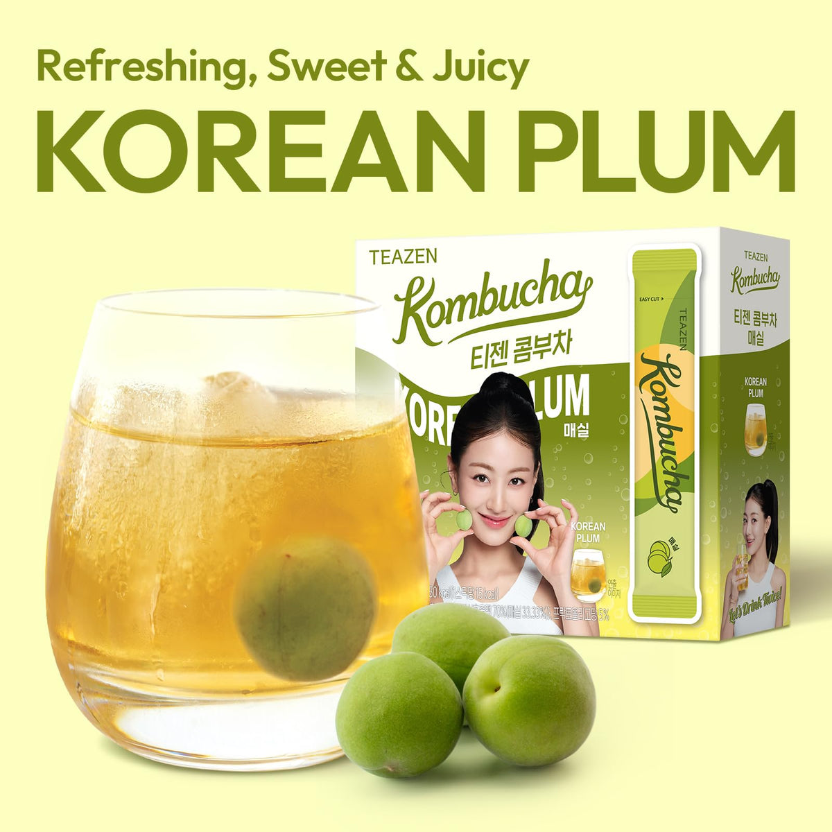 TEAZEN Korean Plum Kombucha Tea — Electrolyte & Hydration Drink Mix, Sugar-Free, Probiotics + Prebiotics, On-The-Go 30 Packets (5.29oz)