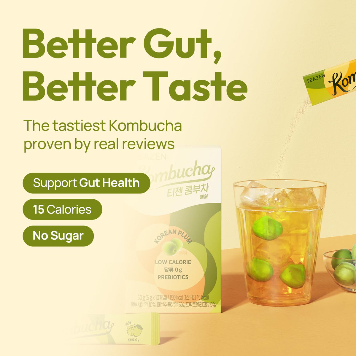 TEAZEN Korean Plum Kombucha Tea — Electrolyte & Hydration Drink Mix, Sugar-Free, Probiotics + Prebiotics, On-The-Go 30 Packets (5.29oz)