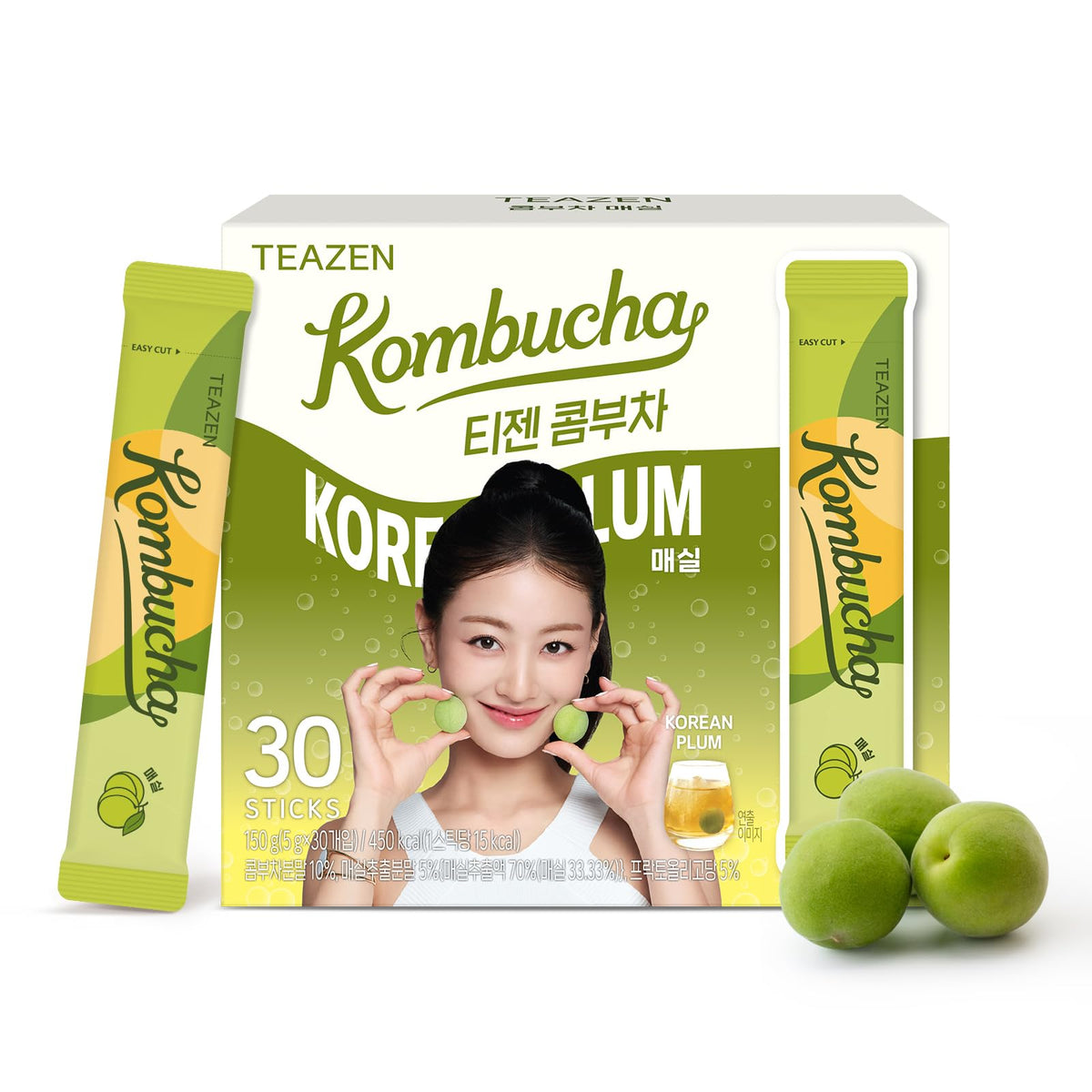 TEAZEN Korean Plum Kombucha Tea — Electrolyte & Hydration Drink Mix, Sugar-Free, Probiotics + Prebiotics, On-The-Go 30 Packets (5.29oz)