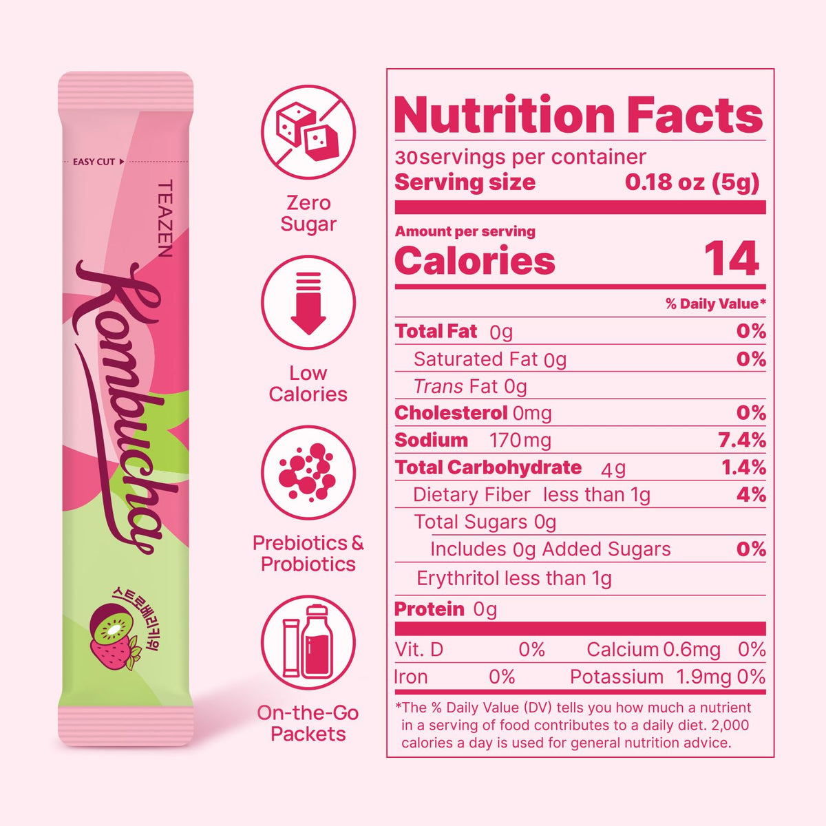 TEAZEN Strawberry Kiwi Kombucha Powder – Hydration Drink Mix, Sugar Free, Probiotics, On-the-Go 30 Packets, 5.29 oz