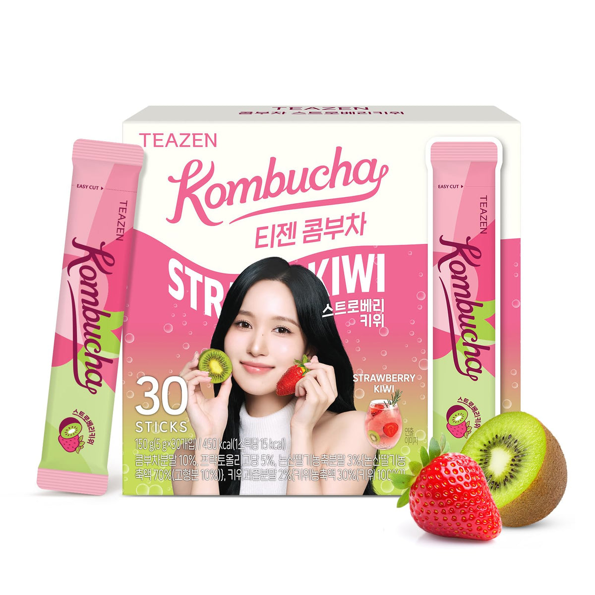 TEAZEN Strawberry Kiwi Kombucha Powder – Hydration Drink Mix, Sugar Free, Probiotics, On-the-Go 30 Packets, 5.29 oz