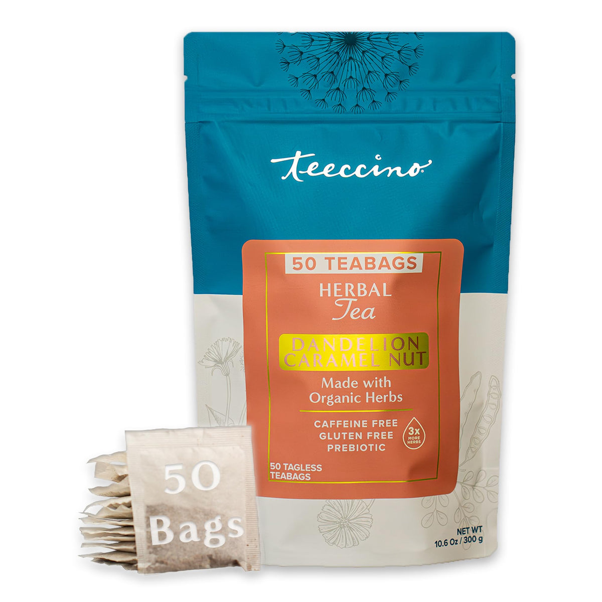 Teeccino Dandelion Caramel Nut Tea – Caffeine Free Herbal Tea with Prebiotics, 3x More Herbs, Gluten Free, 50 Tagless Bags