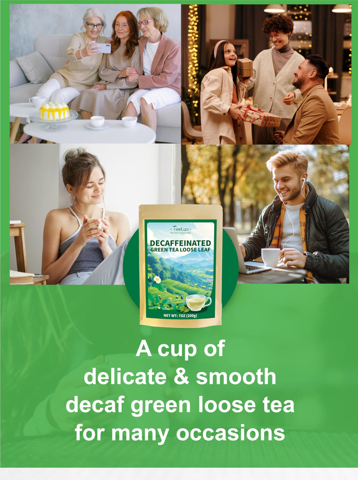 TeeLux Decaf Green Tea – CO2 Decaffeinated Loose Leaf Sencha, Delicate & Smooth, 7oz