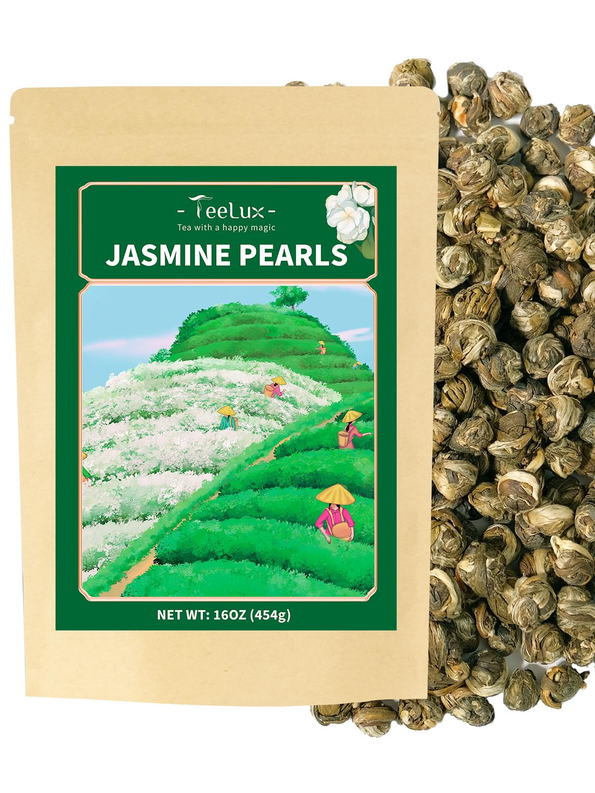 TeeLux Jasmine Pearls Green Tea – Handrolled Loose Leaf with Delicate Floral Aroma