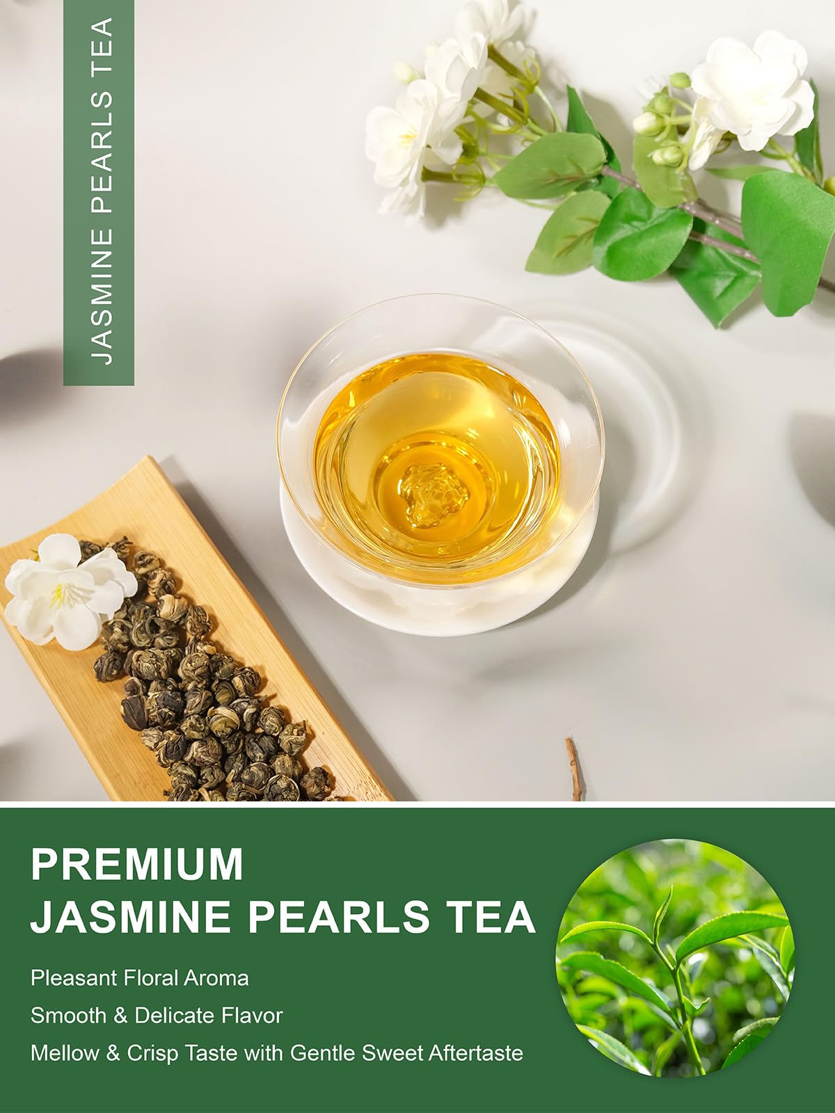 TeeLux Jasmine Pearls Green Tea – Handrolled Loose Leaf with Delicate Floral Aroma
