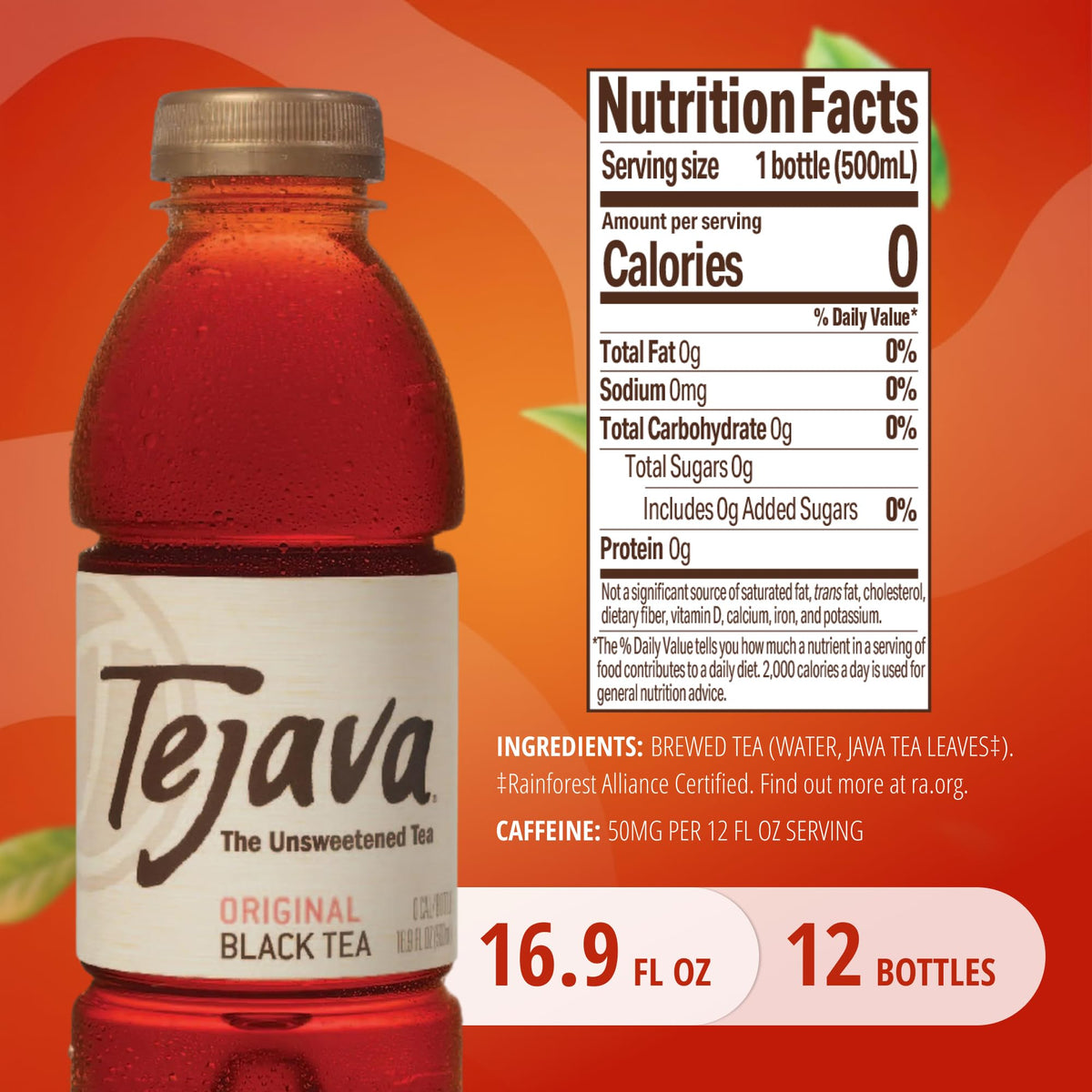Tejava Original Black Tea – Unsweetened, 12-Pack 16.9oz Bottles
