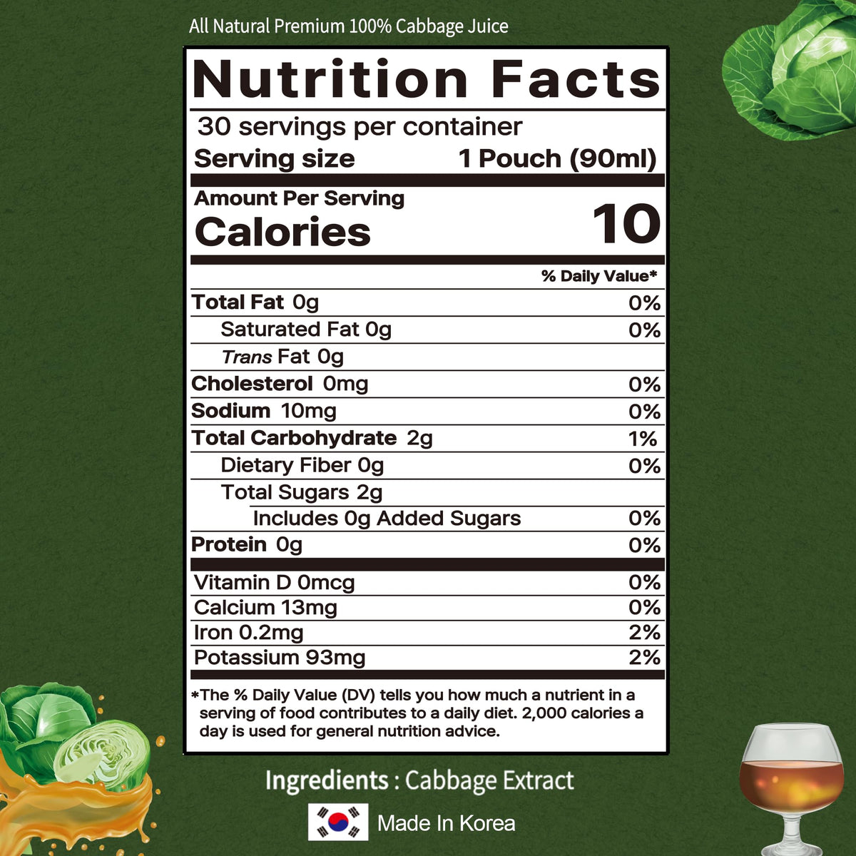 Terrapick Korean Cabbage Extract — Pure 100% Cabbage Juice for Digestive Wellness, 30 Pouches