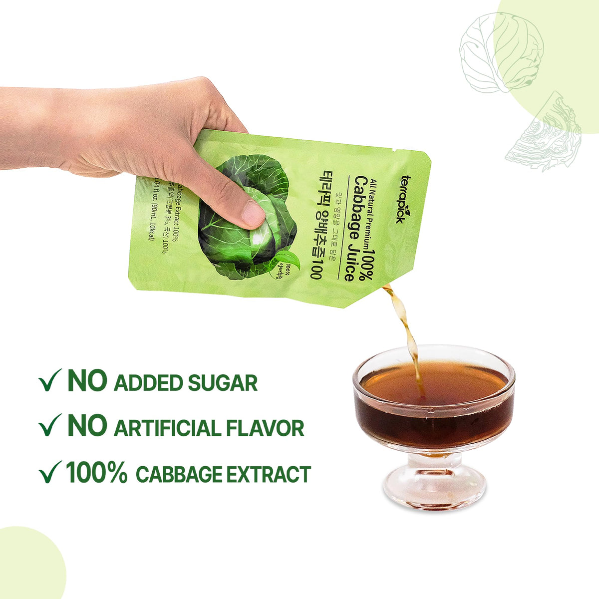 Terrapick Korean Cabbage Extract — Pure 100% Cabbage Juice for Digestive Wellness, 30 Pouches