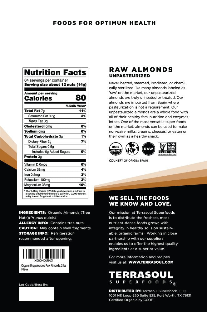 Terrasoul Superfoods Raw Unpasteurized Organic Almonds Sproutable - 2 lbs