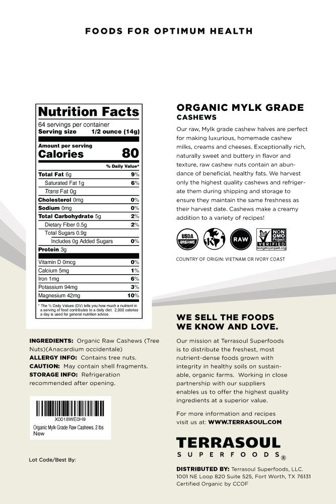 Terrasoul Organic Raw Cashews (Mylk Grade) – 4 Lbs Pack of 2 for Snacking, Cashew Milk & Nut Butter
