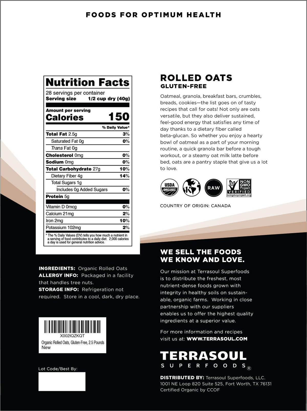 Terrasoul Organic Rolled Oats, 5 lb – Gluten-Free, Old-Fashioned Whole Grain