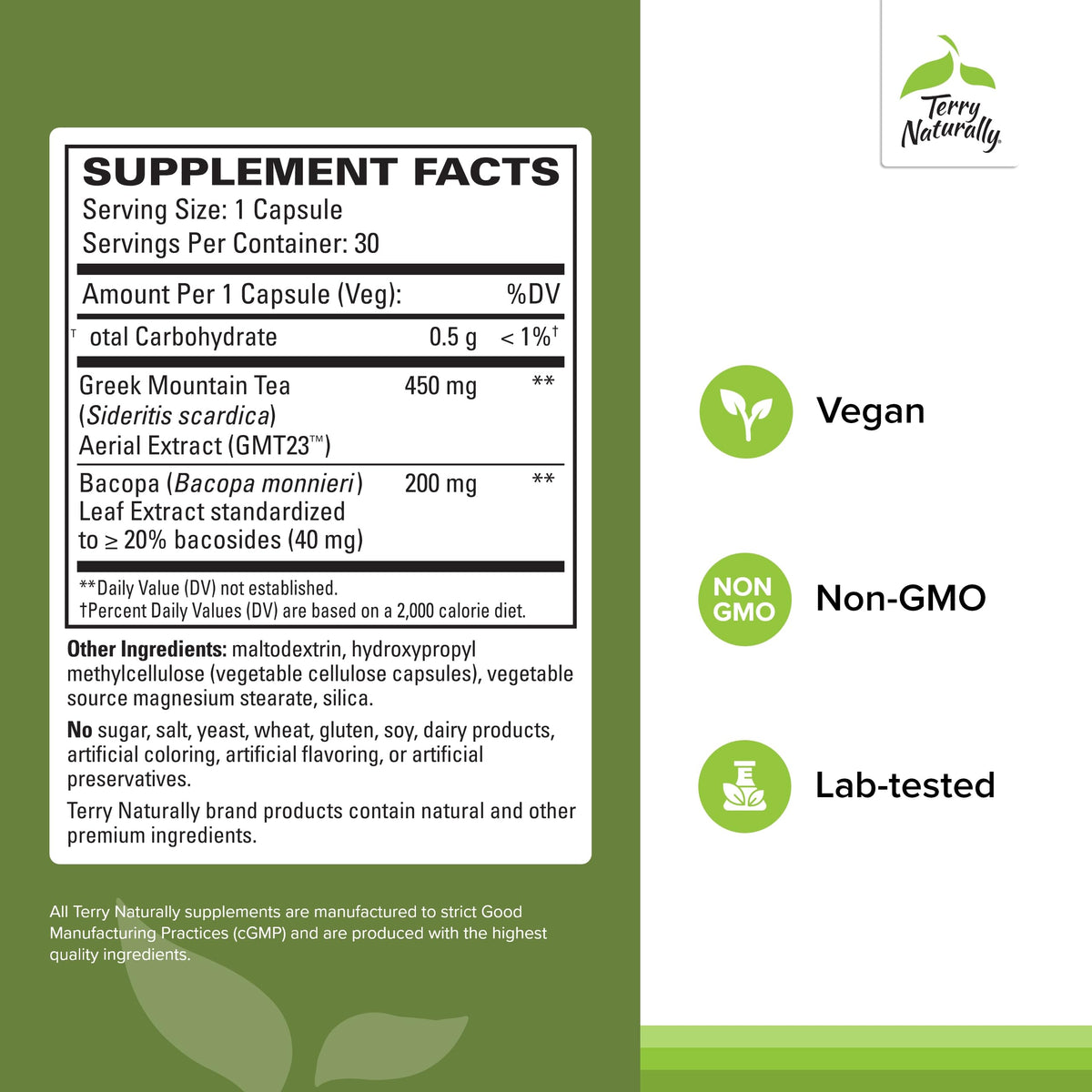 Terry Naturally GMT23 Greek Mountain Tea Plus Bacopa — Focus & Brain Health Supplement, 30 Capsules