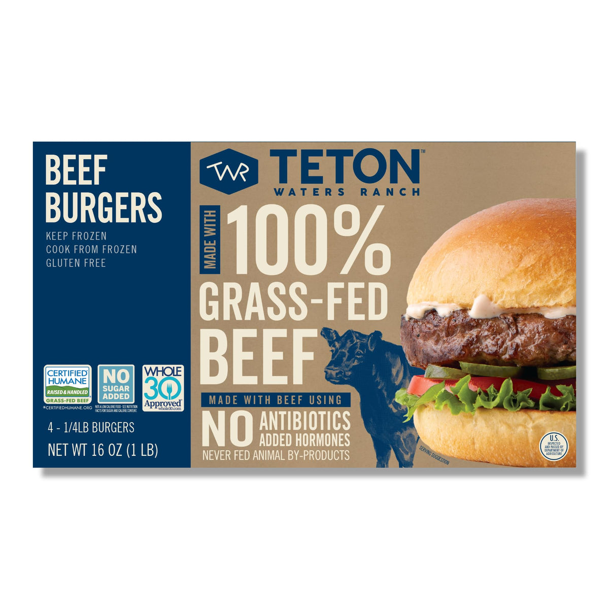 Teton Waters Ranch 100% Grass-Fed Beef Burgers – Frozen Patties, No Antibiotics, Gluten Free, Certified Humane | 4 Count