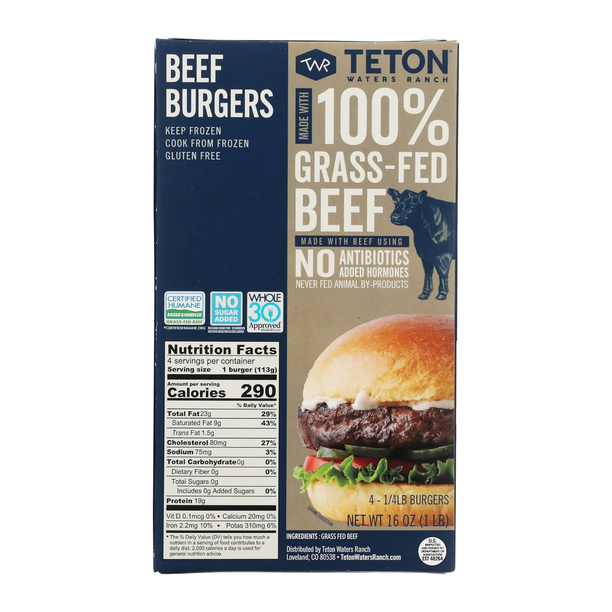 Teton Waters Ranch 100% Grass-Fed Beef Burgers – Frozen Patties, No Antibiotics, Gluten Free, Certified Humane | 4 Count