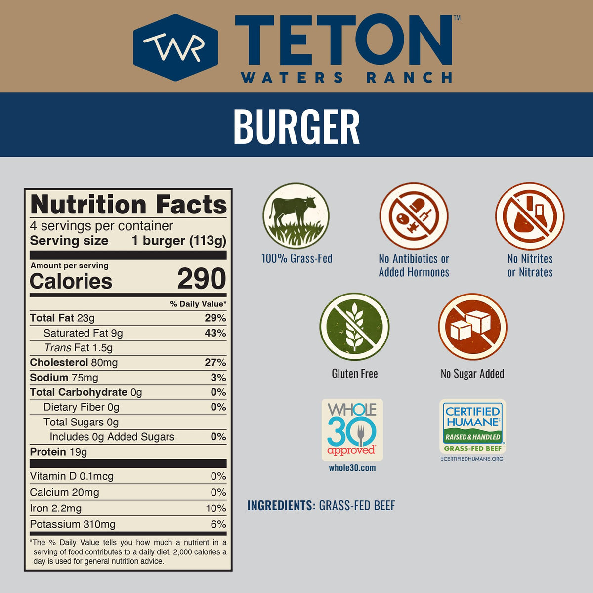 Teton Waters Ranch 100% Grass-Fed Beef Burgers – Frozen Patties, No Antibiotics, Gluten Free, Certified Humane | 4 Count
