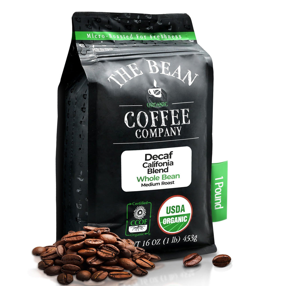 The Bean Coffee Company Water Processed DECAF California Blend – Medium Roast, Whole Bean Coffee, 16 oz