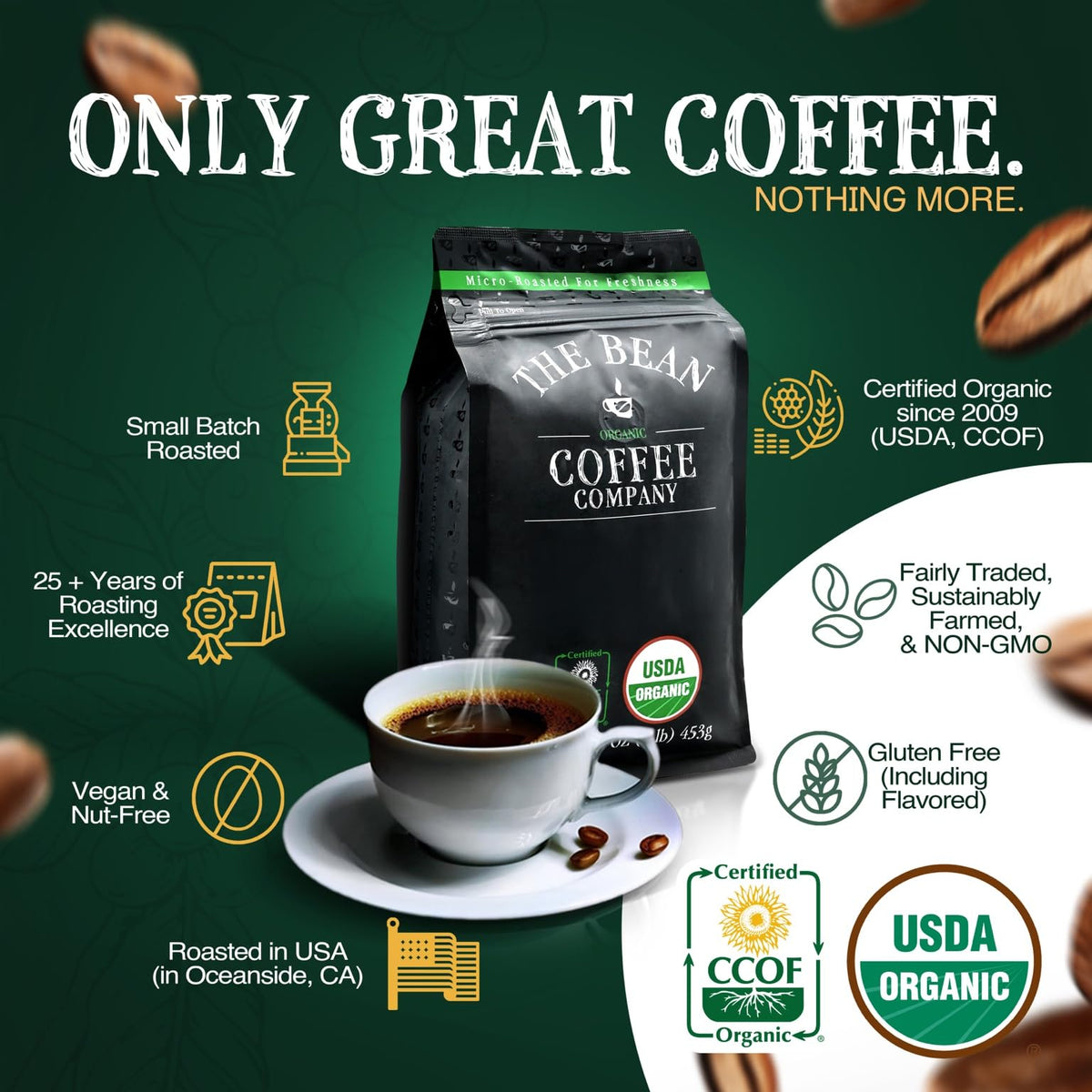 The Bean Organic Coffee Company Vanilla Bean – Medium Roast Ground Coffee, 16-Ounce Bag